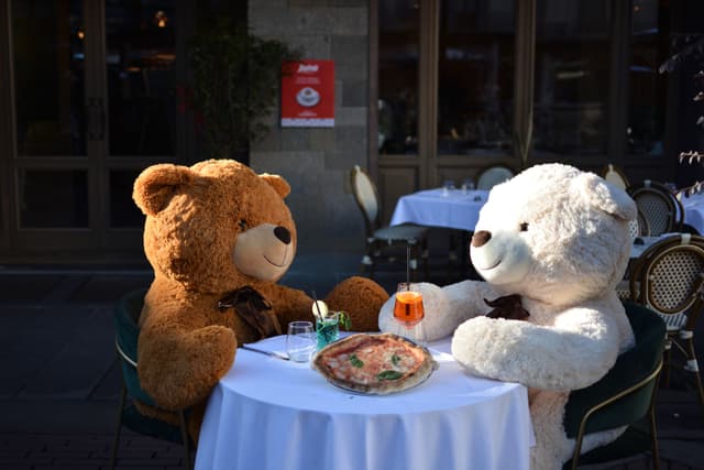 Two teddy bears enjoying pizza